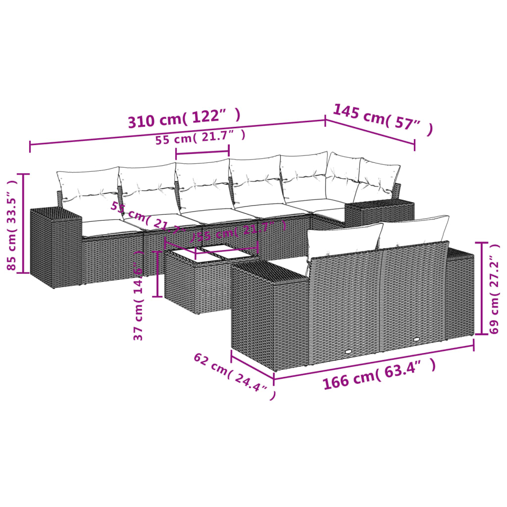 Set Divani da Giardino 9pz con Cuscini Marrone in Polyrattan