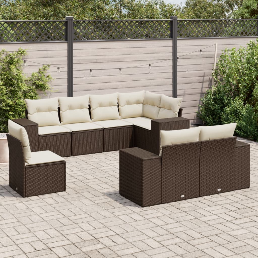 Set Divani da Giardino 8 pz con Cuscini Marrone in Polyrattan