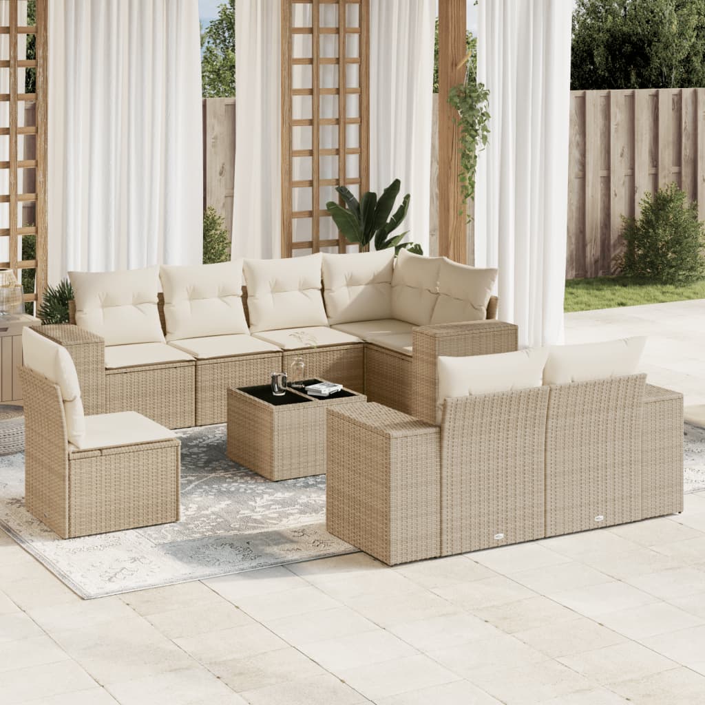 Set Divano da Giardino 9 pz con Cuscini Beige in Polyrattan