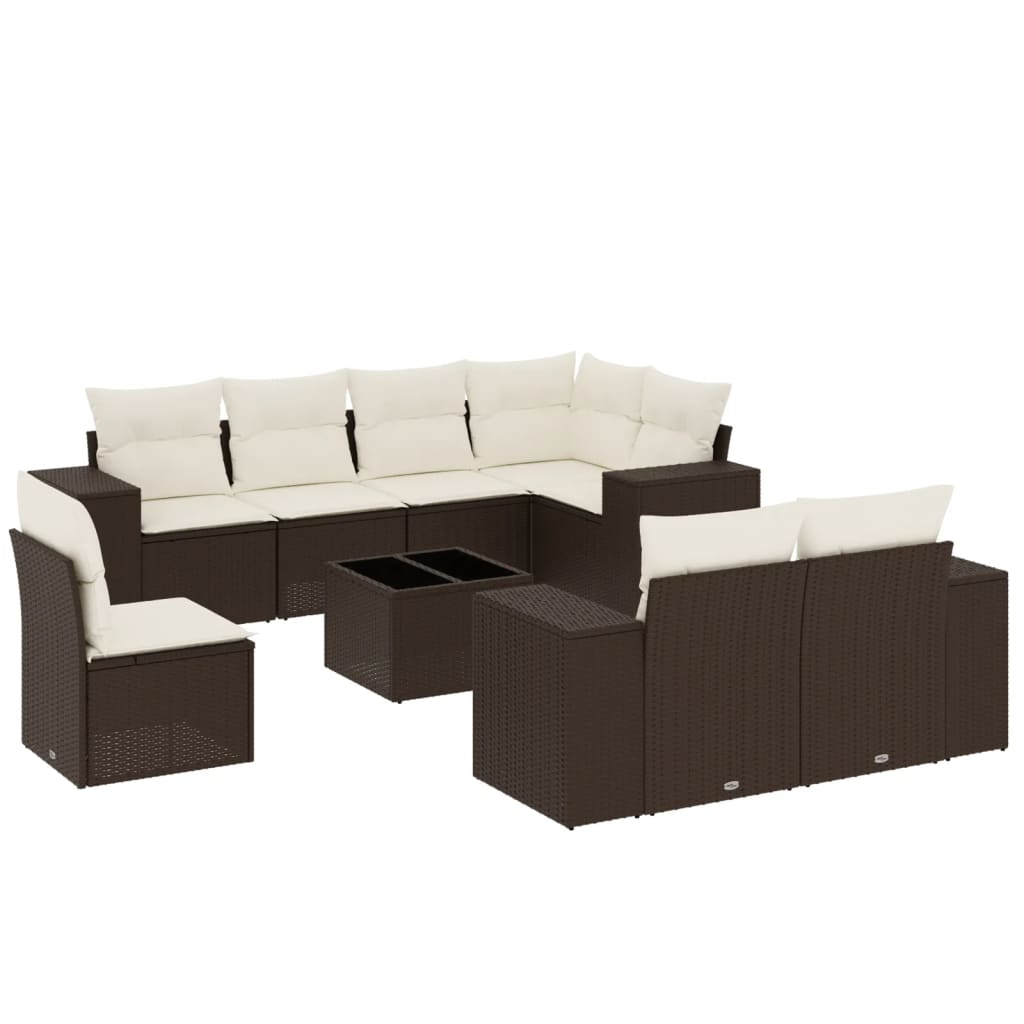 Set Divani da Giardino 9pz con Cuscini Marrone in Polyrattan