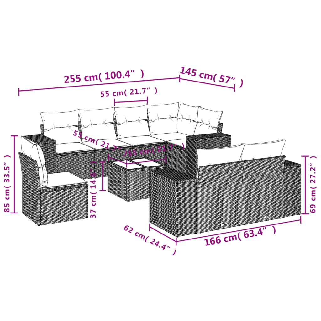 Set Divani da Giardino 9pz con Cuscini Marrone in Polyrattan