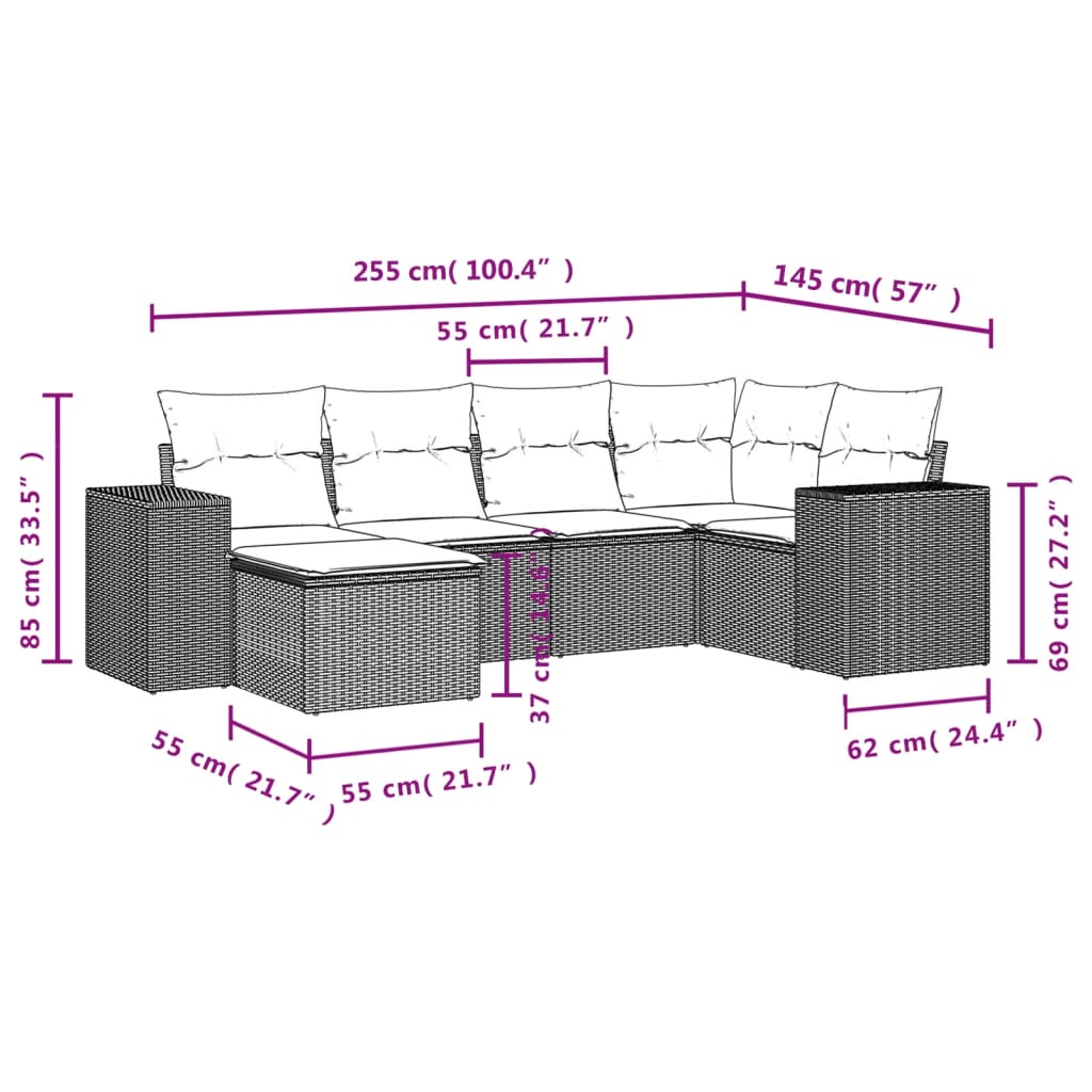 Set Divano da Giardino 6 pz con Cuscini Marrone in Polyrattan