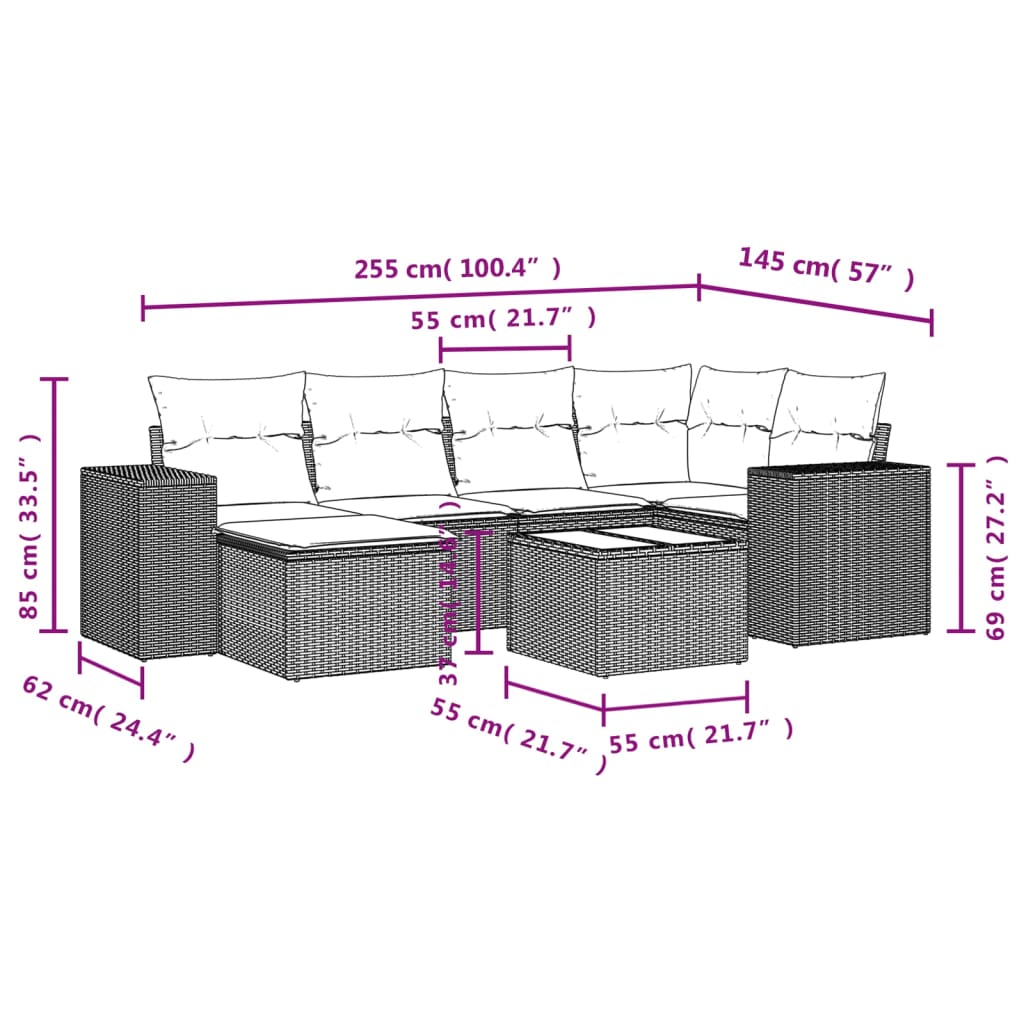 Set Divani da Giardino 7 pz con Cuscini Marrone in Polyrattan