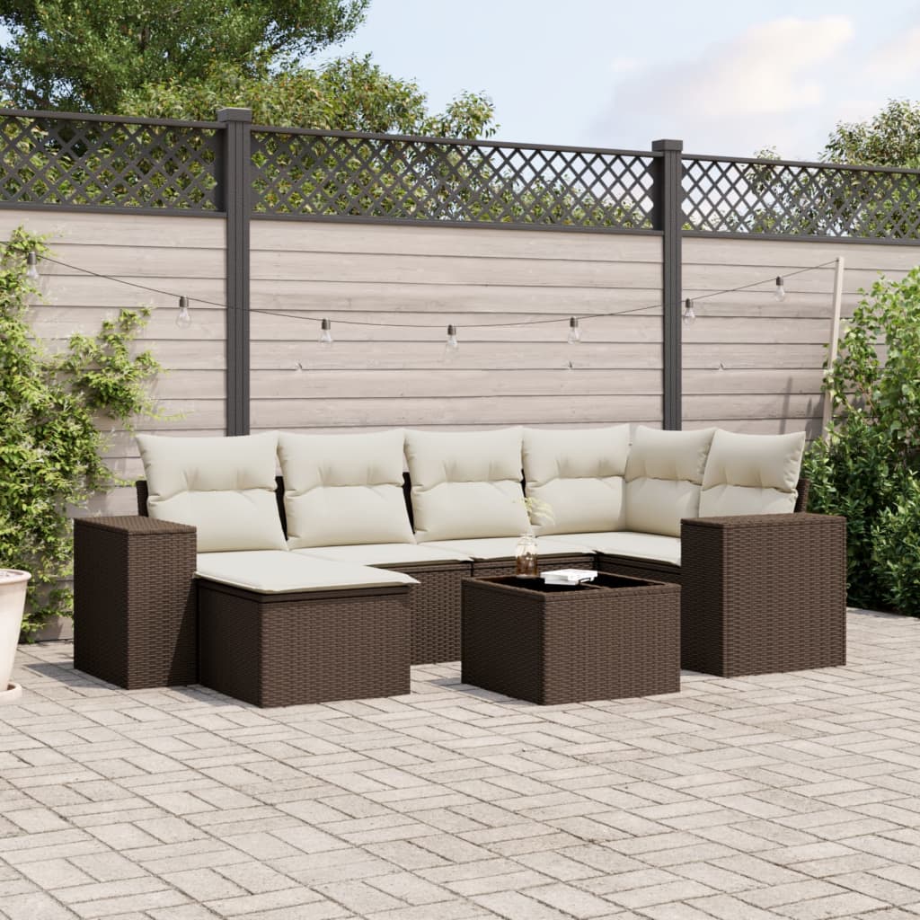 Set Divani da Giardino 7 pz con Cuscini Marrone in Polyrattan