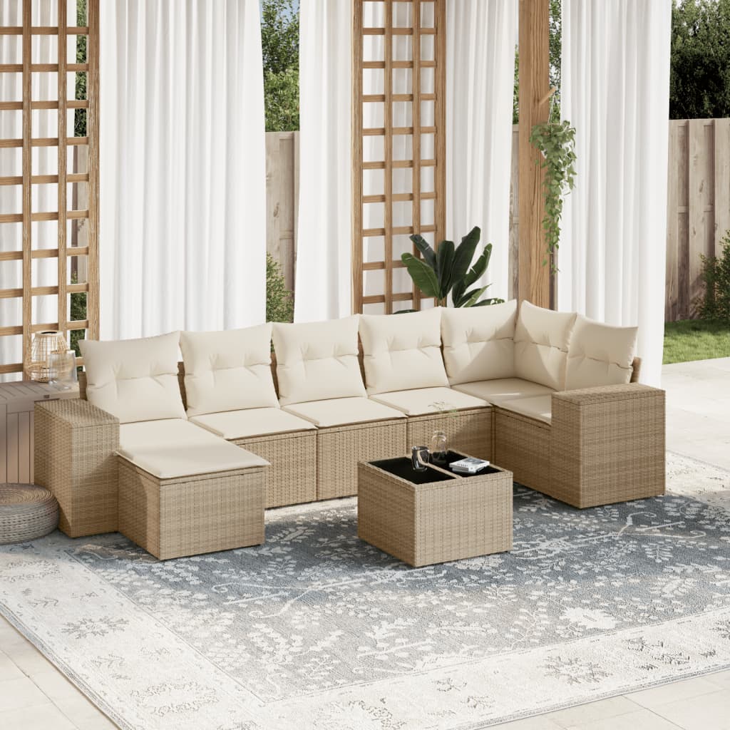 Set Divano da Giardino 8 pz con Cuscini Beige in Polyrattan