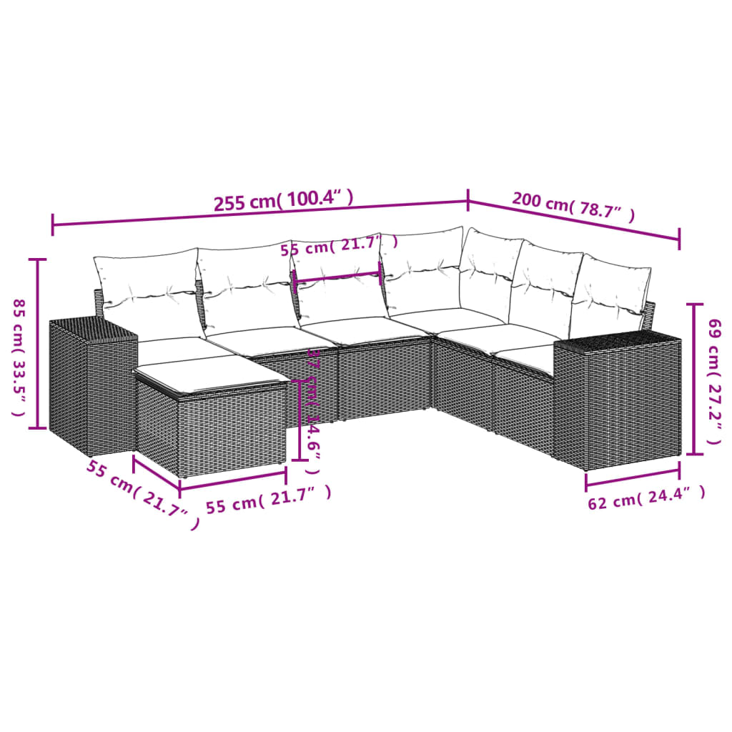 Set Divani da Giardino 7 pz con Cuscini Marrone in Polyrattan