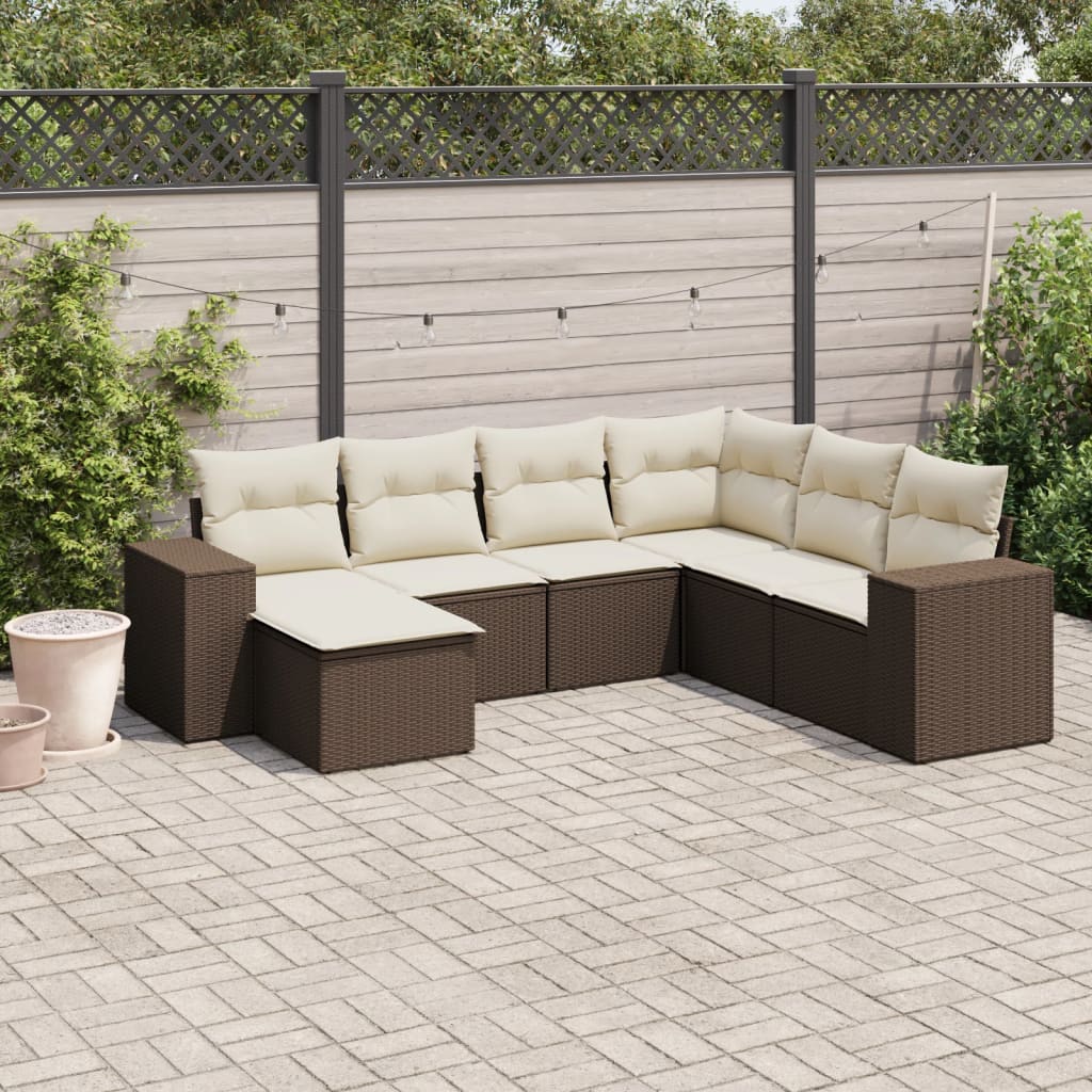 Set Divani da Giardino 7 pz con Cuscini Marrone in Polyrattan