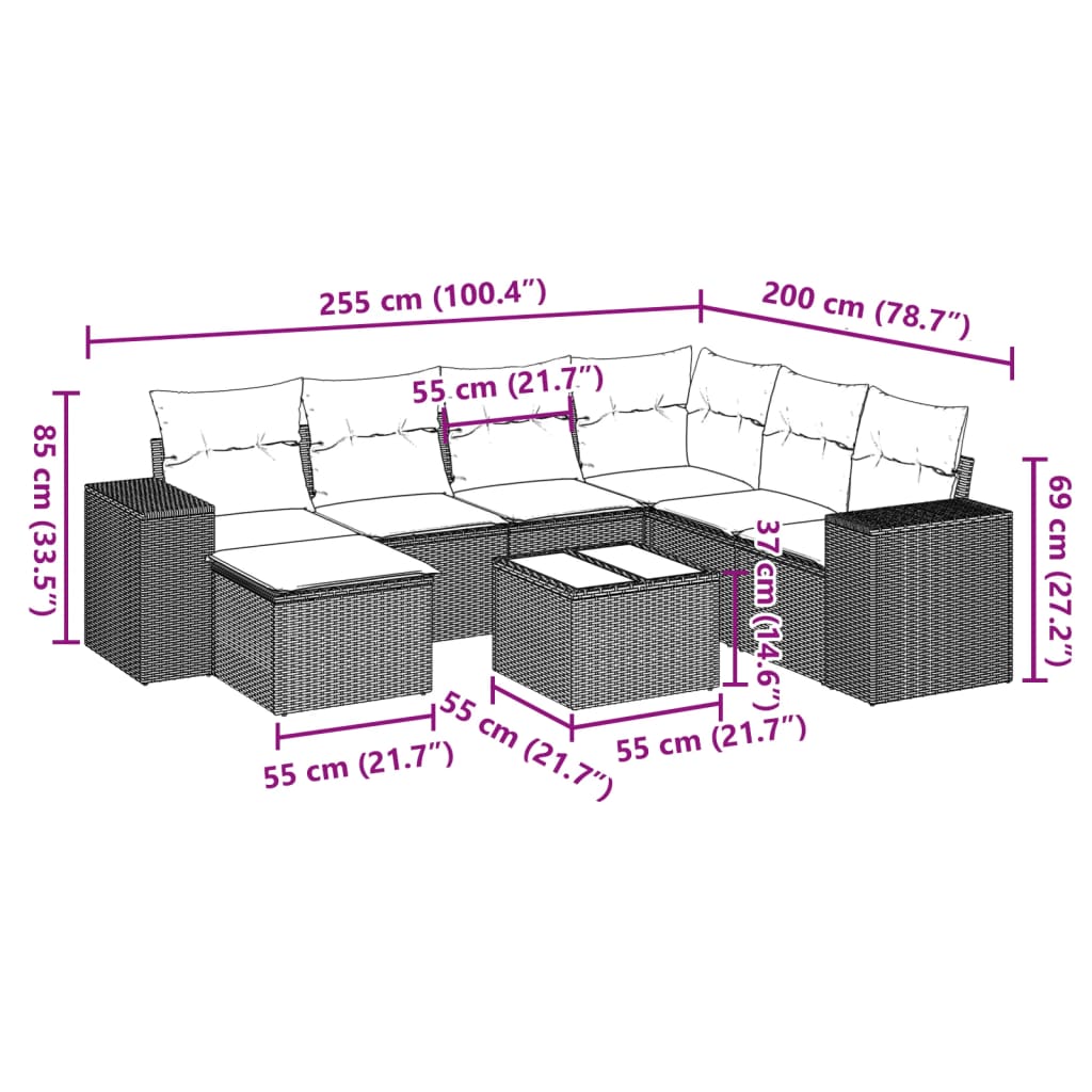 Set Divani da Giardino 8 pz con Cuscini Marrone in Polyrattan