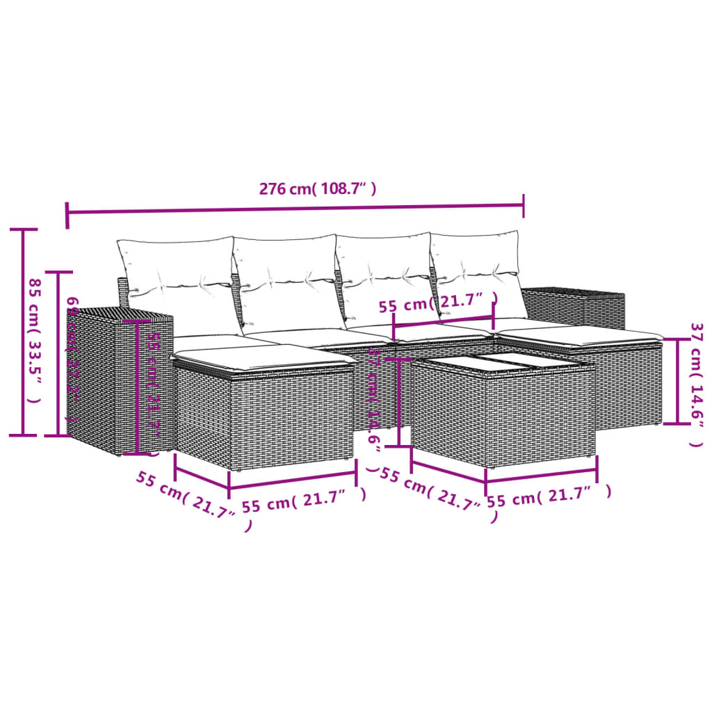 Set Divani da Giardino 7 pz con Cuscini Marrone in Polyrattan