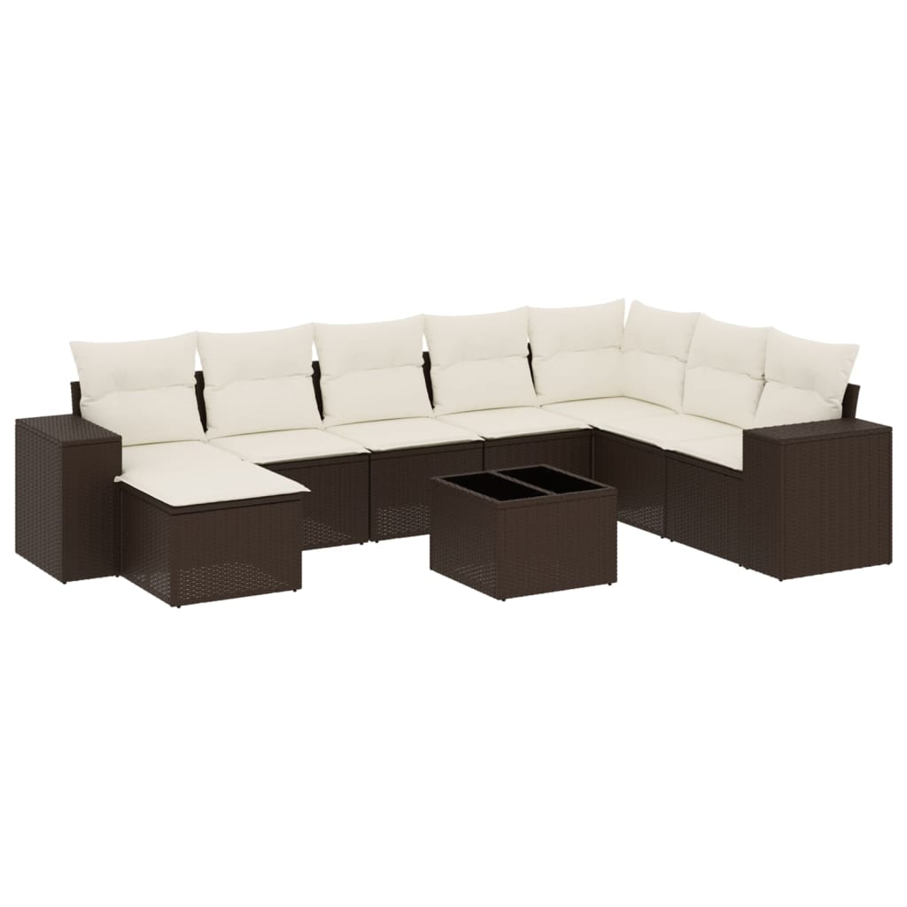 Set Divani da Giardino 9pz con Cuscini Marrone in Polyrattan