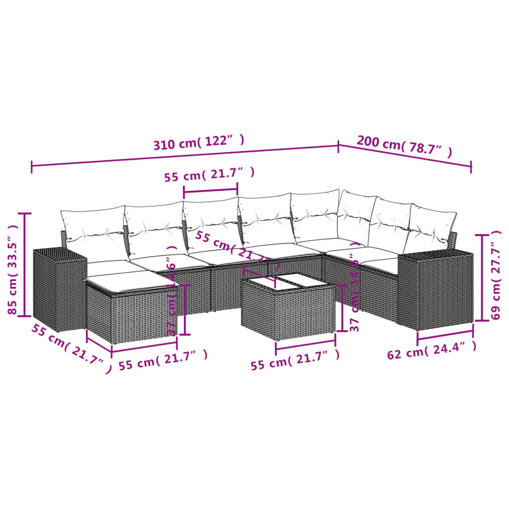 Set Divani da Giardino 9pz con Cuscini Marrone in Polyrattan