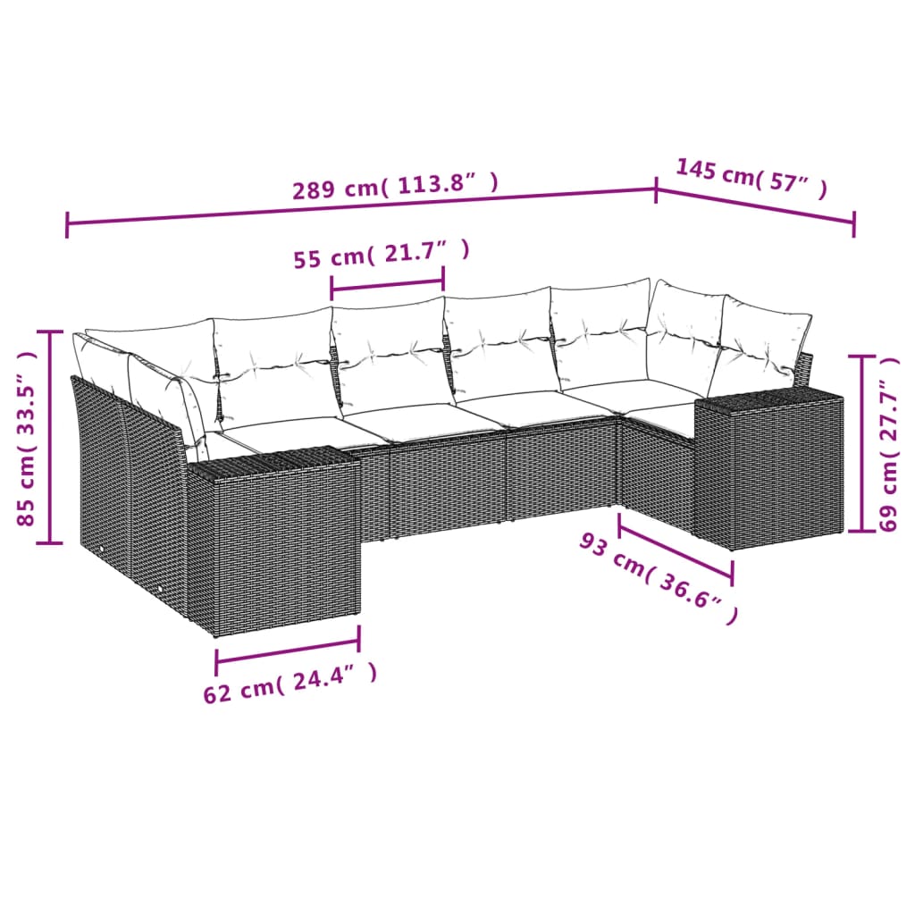 Set Divani da Giardino 7 pz con Cuscini Marrone in Polyrattan