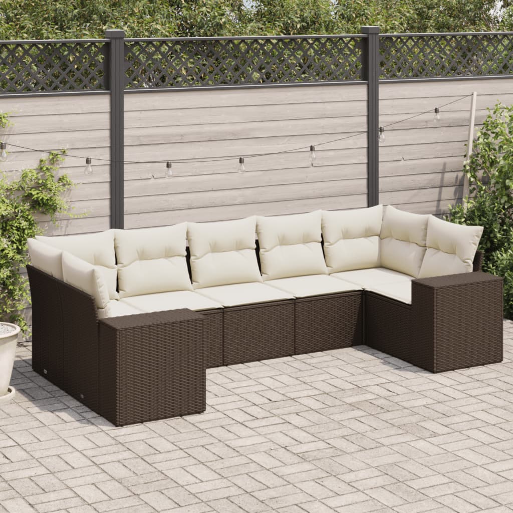 Set Divani da Giardino 7 pz con Cuscini Marrone in Polyrattan