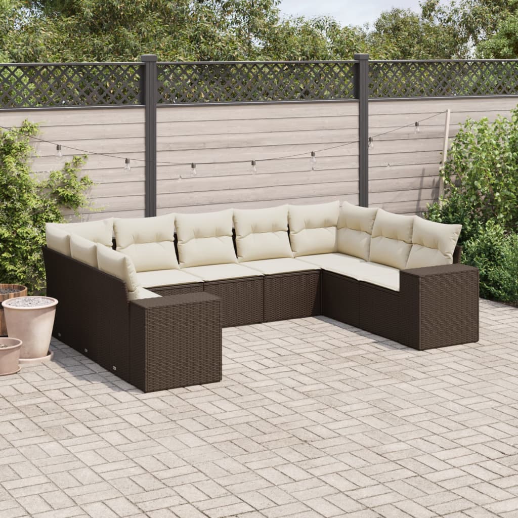 Set Divani da Giardino 9pz con Cuscini Marrone in Polyrattan