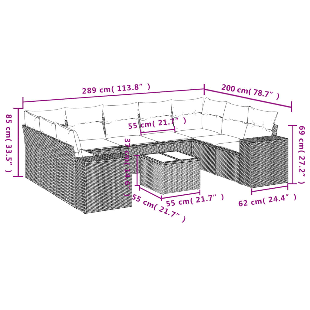 Set Divani da Giardino 10pz con Cuscini in Polyrattan Marrone