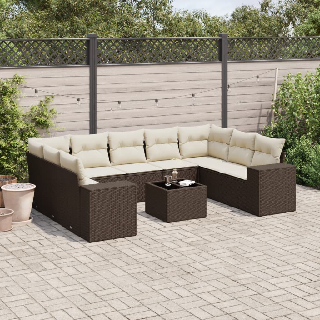 Set Divani da Giardino 10pz con Cuscini in Polyrattan Marrone