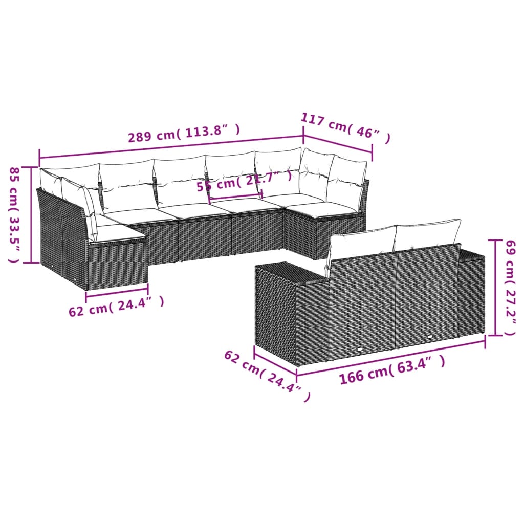 Set Divani da Giardino 9pz con Cuscini Marrone in Polyrattan