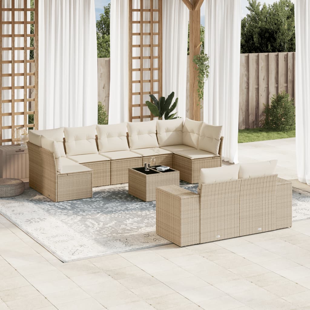 Set Divano da Giardino 10 pz con Cuscini Beige in Polyrattan