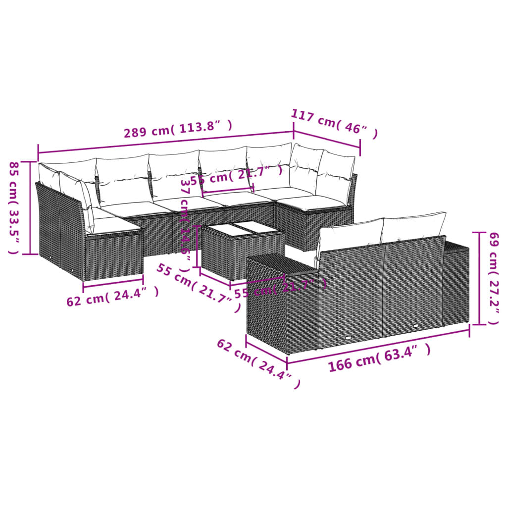 Set Divani da Giardino 10pz con Cuscini in Polyrattan Marrone