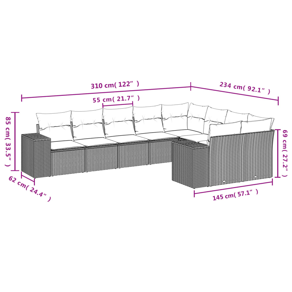 Set Divani da Giardino 9pz con Cuscini Marrone in Polyrattan