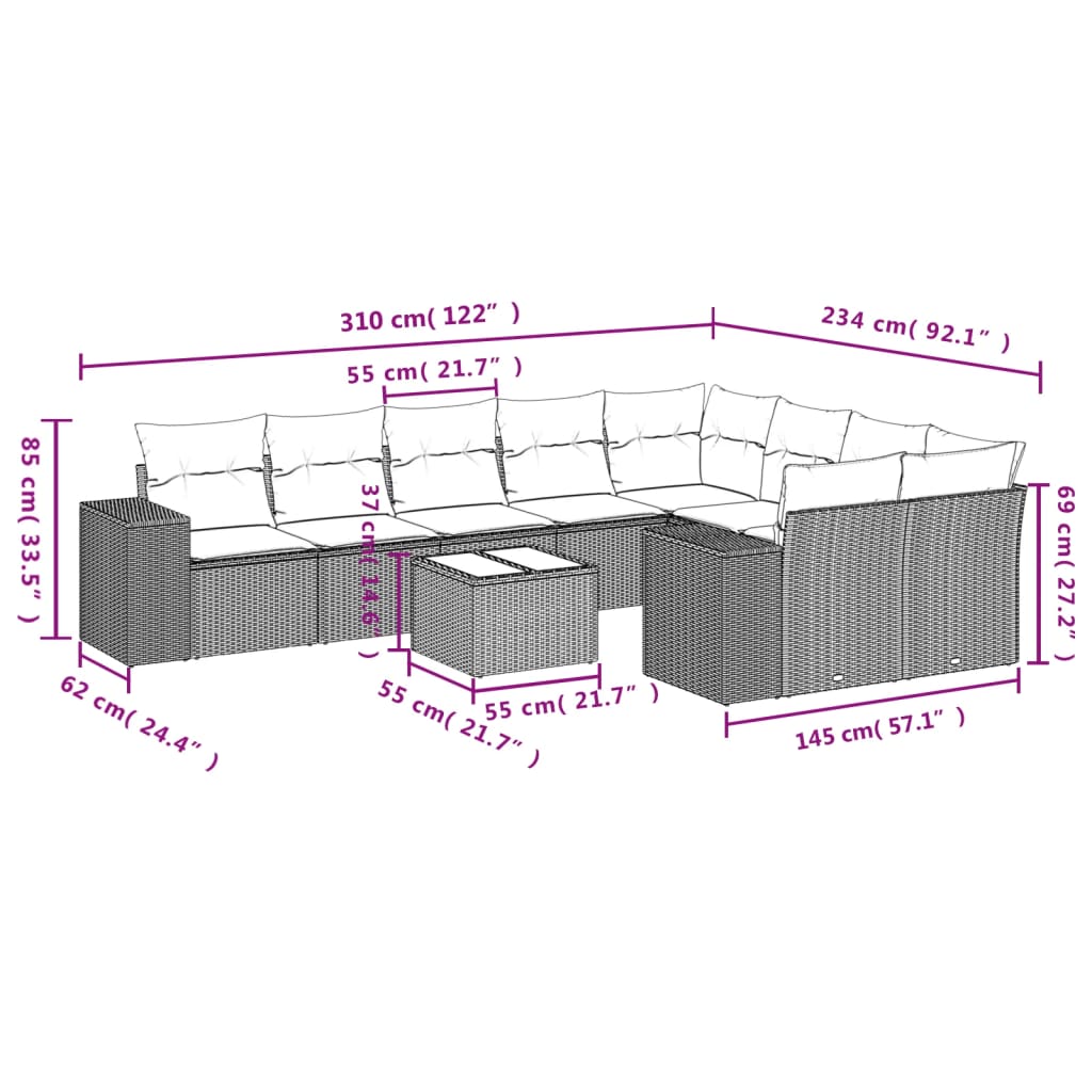 Set Divani da Giardino 10pz con Cuscini in Polyrattan Marrone