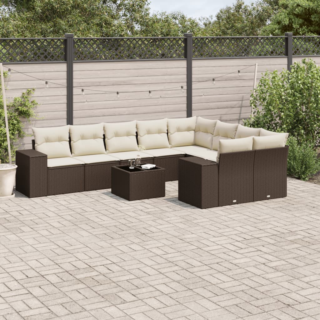 Set Divani da Giardino 10pz con Cuscini in Polyrattan Marrone