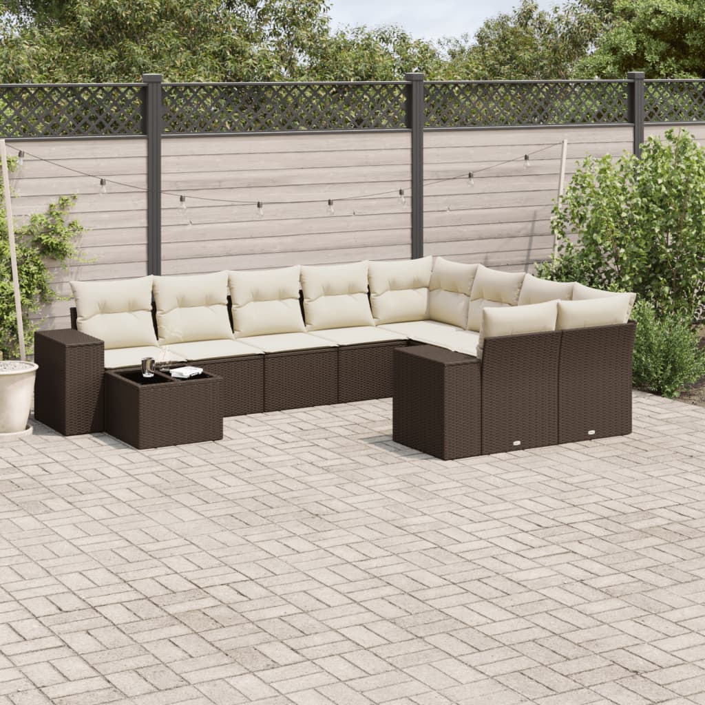 Set Divani da Giardino 10pz con Cuscini in Polyrattan Marrone