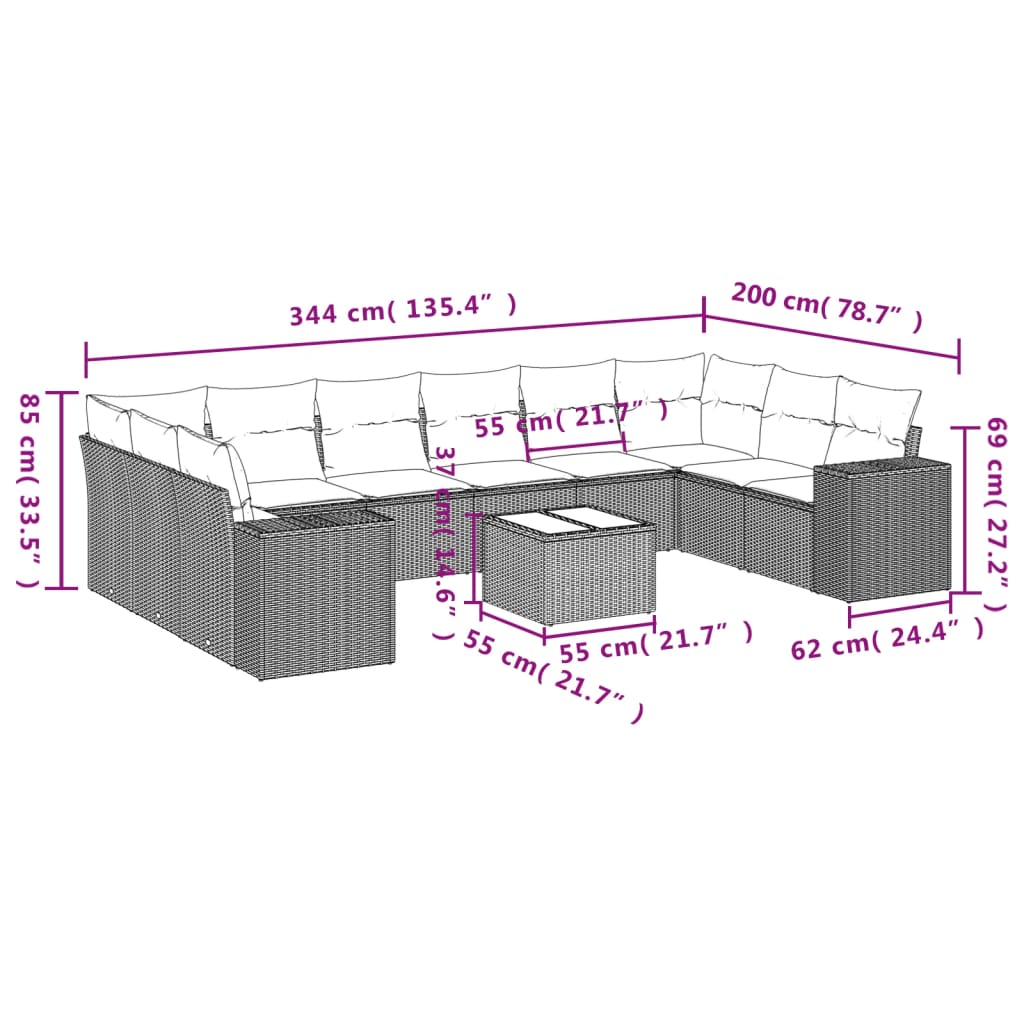 Set Divani da Giardino 11 pz con Cuscini Polyrattan Marrone