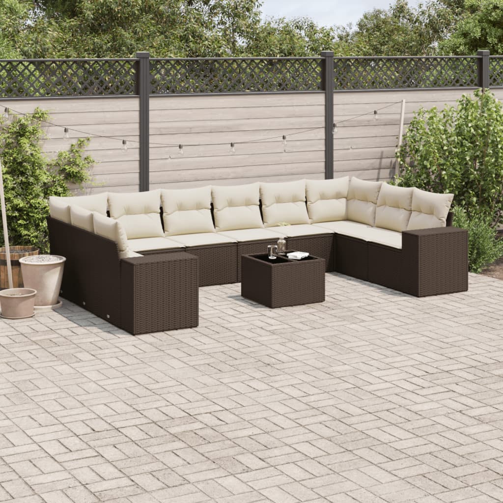 Set Divani da Giardino 11 pz con Cuscini Polyrattan Marrone