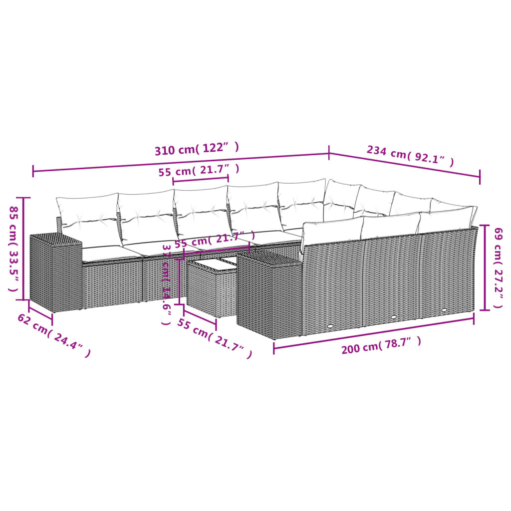 Set Divani da Giardino 11 pz con Cuscini Polyrattan Marrone