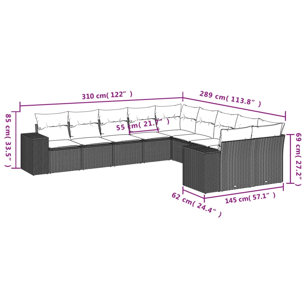 Set Divani da Giardino 10pz con Cuscini in Polyrattan Marrone