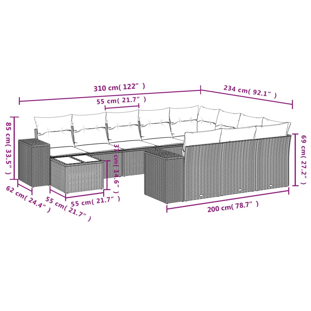 Set Divani da Giardino 11 pz con Cuscini Polyrattan Marrone