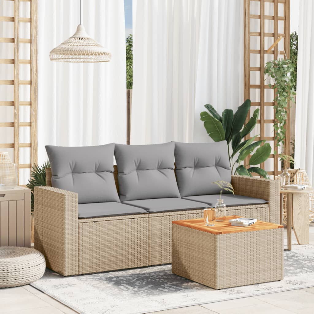 Set Divano da Giardino 4 pz con Cuscini Beige Misto Polyrattan