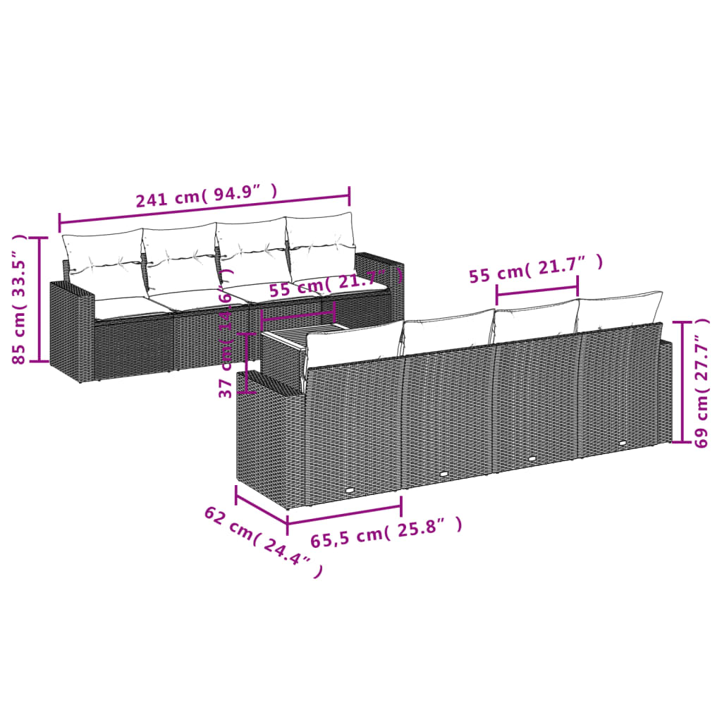 Set Divano da Giardino 9 pz con Cuscini Beige Misto Polyrattan