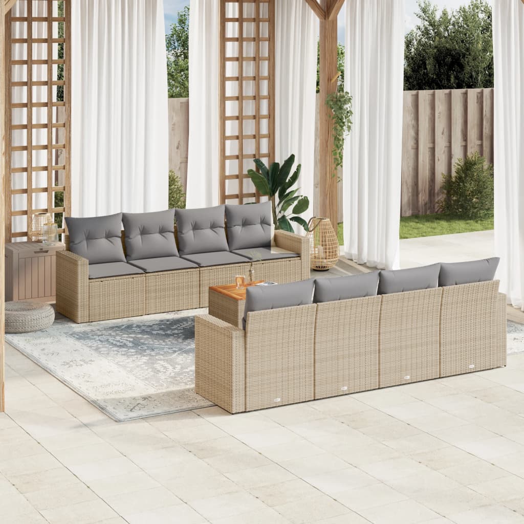 Set Divano da Giardino 9 pz con Cuscini Beige Misto Polyrattan