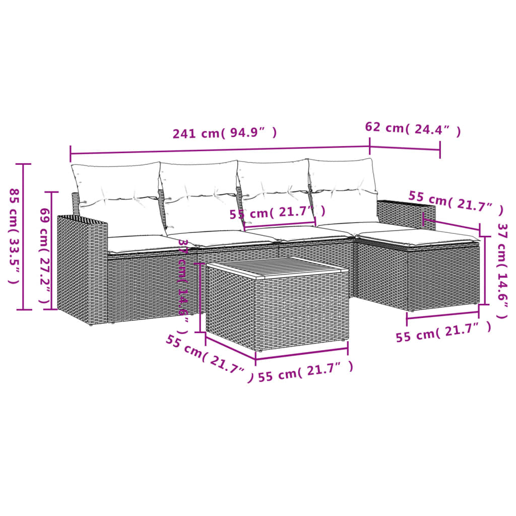 Set Divano da Giardino 6 pz con Cuscini Grigio in Polyrattan