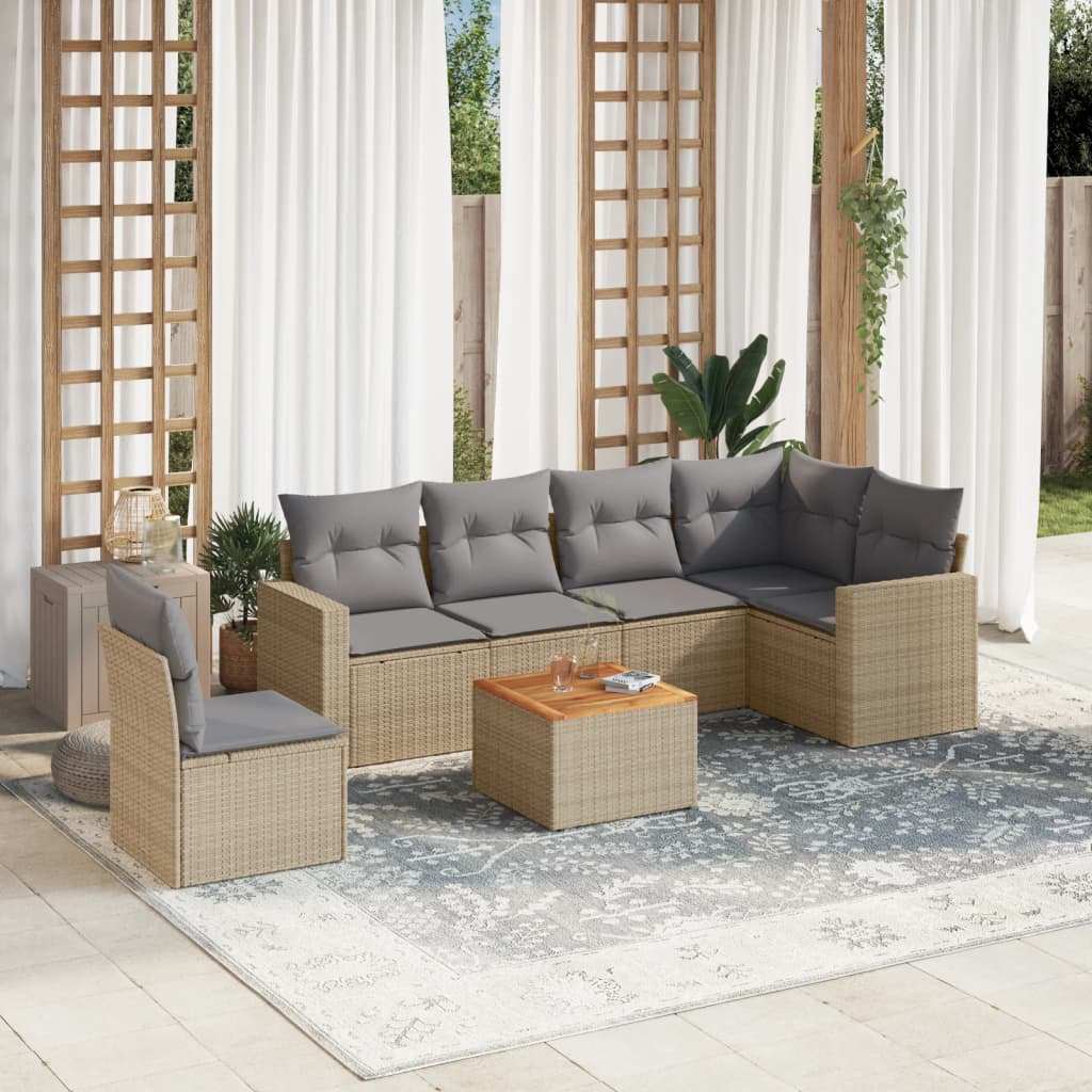 Set Divano da Giardino 7 pz con Cuscini Beige Misto Polyrattan