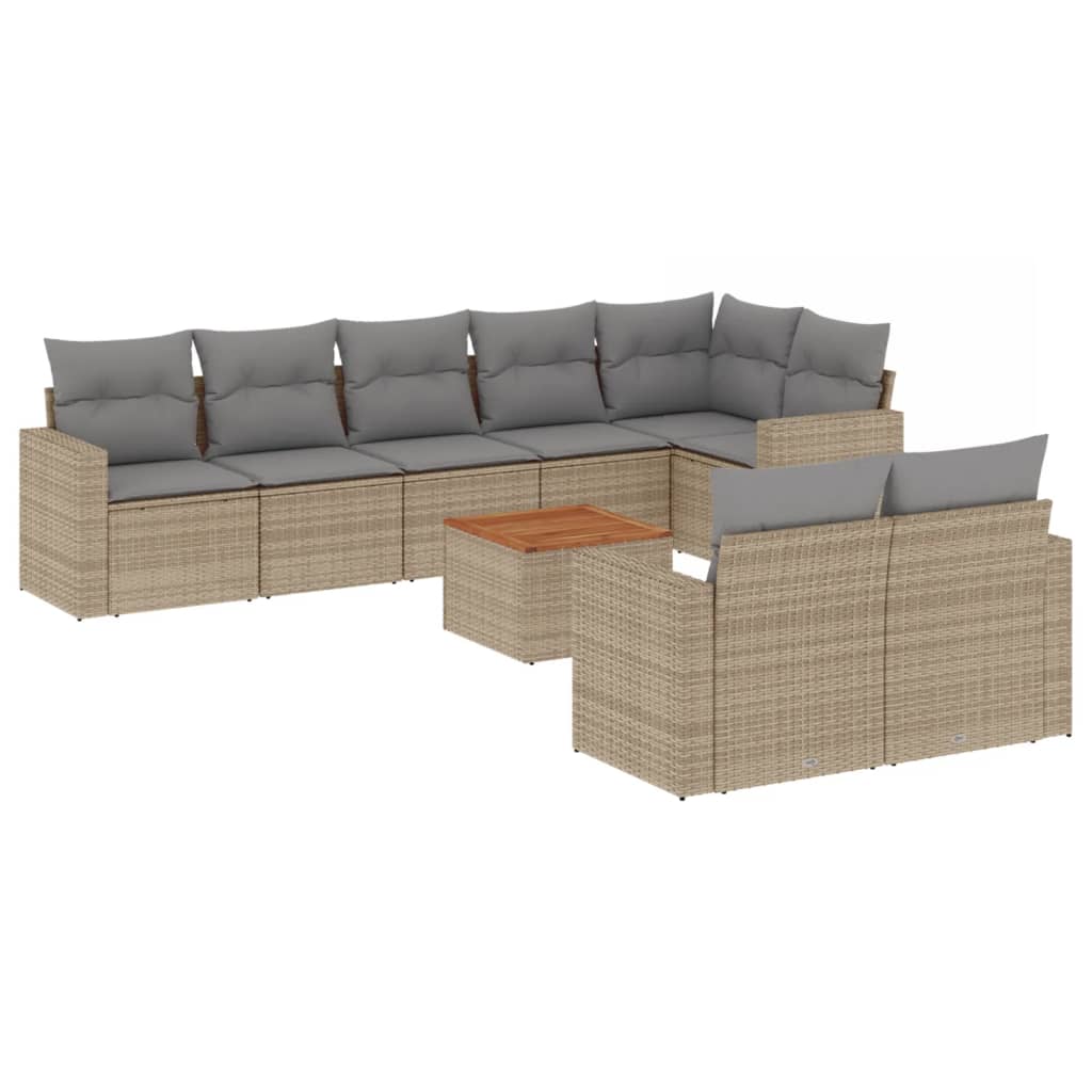 Set Divano da Giardino 9 pz con Cuscini Beige Misto Polyrattan