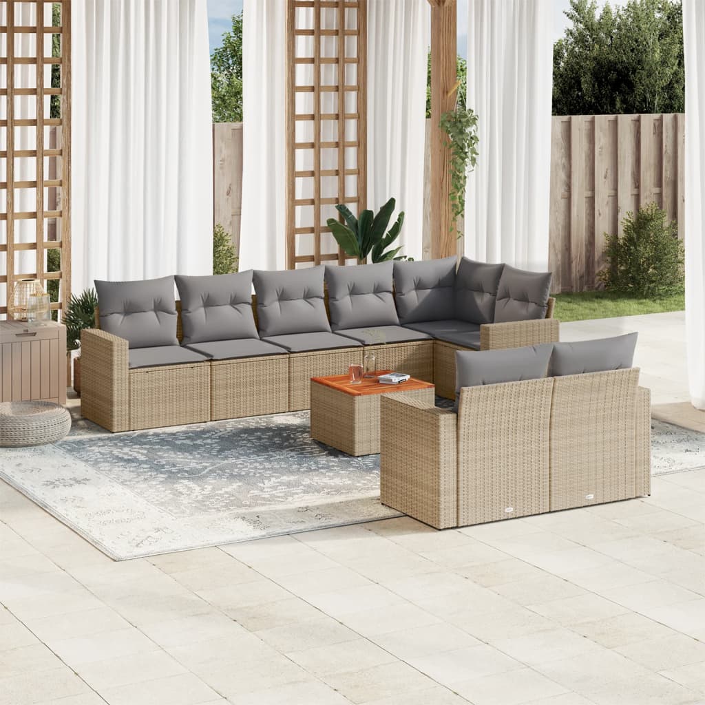 Set Divano da Giardino 9 pz con Cuscini Beige Misto Polyrattan