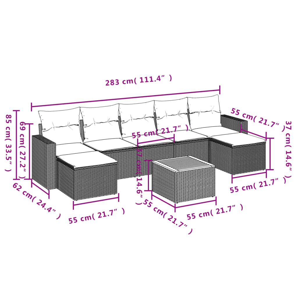 Set Divano da Giardino 8 pz con Cuscini Beige Misto Polyrattan