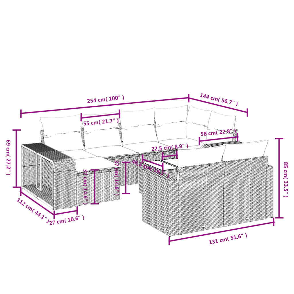 Set Divani da Giardino 11 pz con Cuscini Polyrattan Marrone