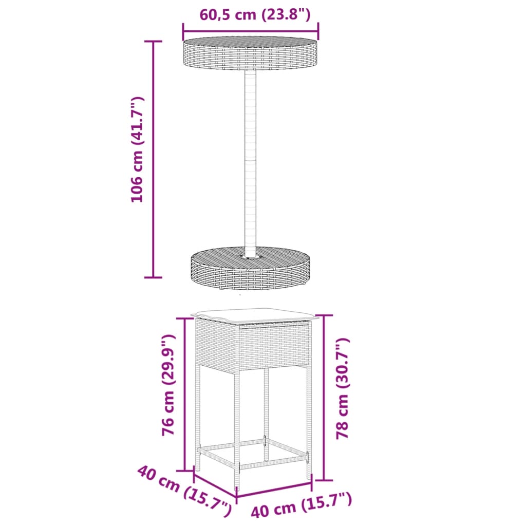 Set Bar da Giardino 3 pz con Cuscini in Polyrattan Marrone