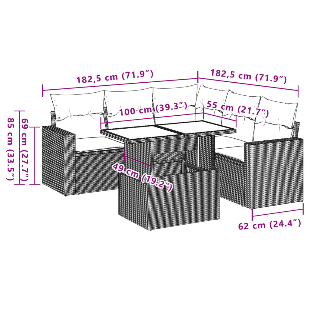 Set Divano da Giardino 6 pz con Cuscini Grigio in Polyrattan