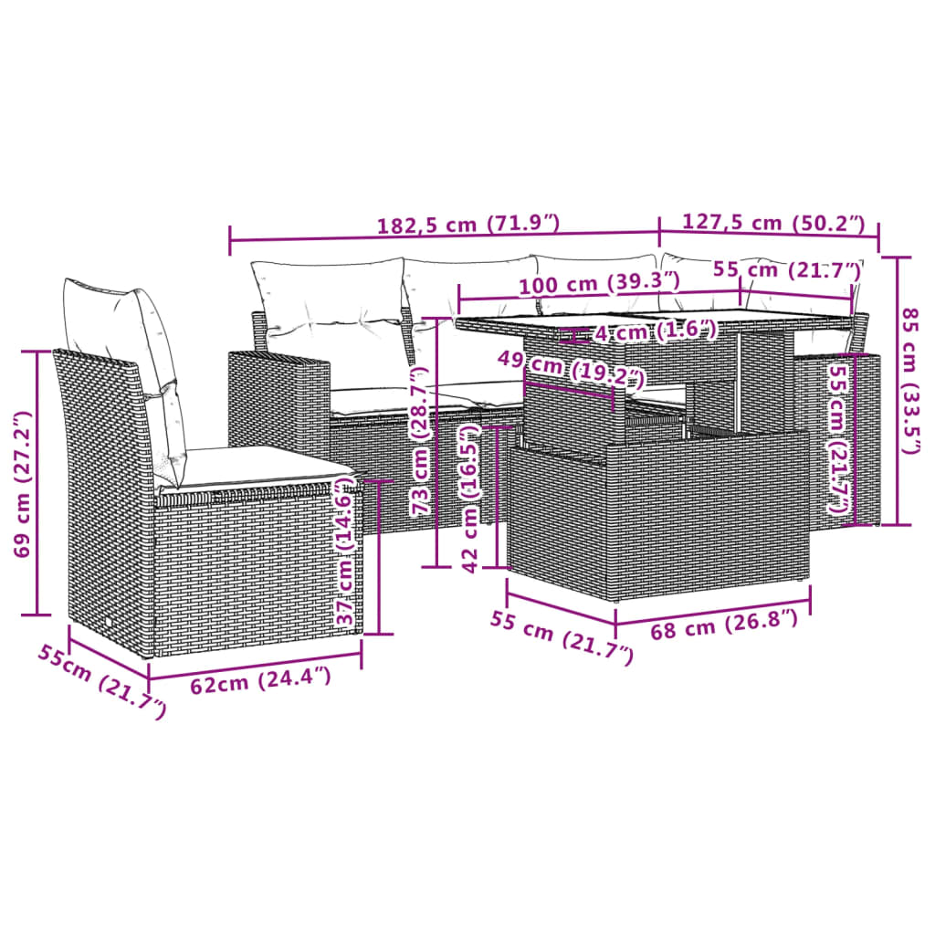 Set Divano da Giardino 6 pz con Cuscini Grigio in Polyrattan