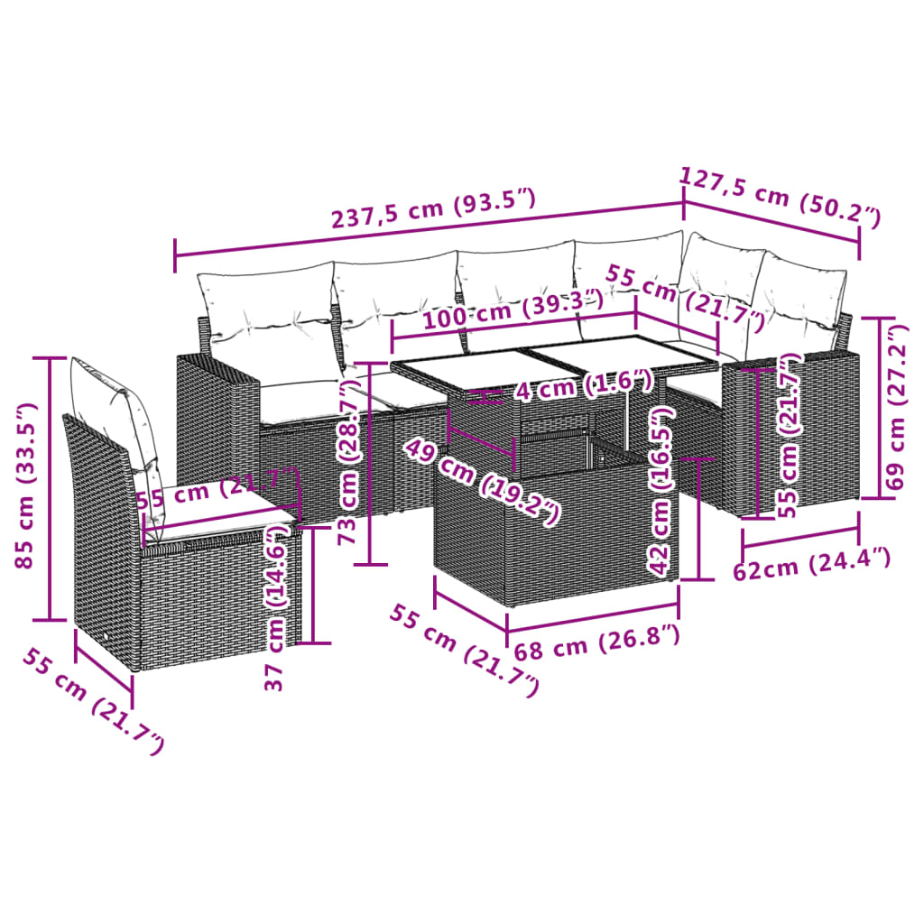 Set Divani da Giardino 7 pz con Cuscini Grigio in Polyrattan