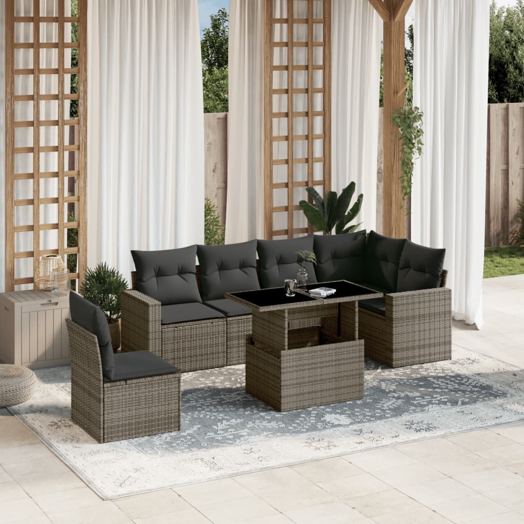 Set Divani da Giardino 7 pz con Cuscini Grigio in Polyrattan