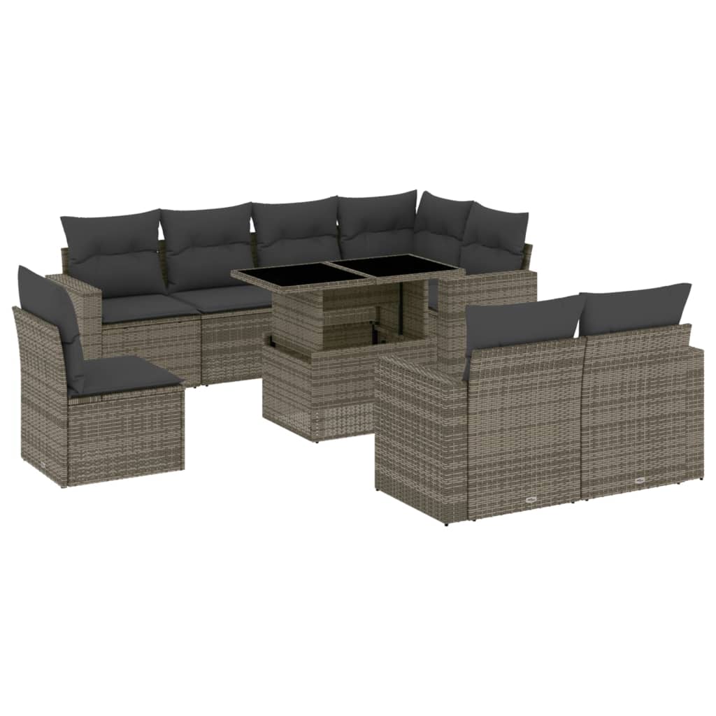 Set Divano da Giardino 9 pz con Cuscini Grigio in Polyrattan