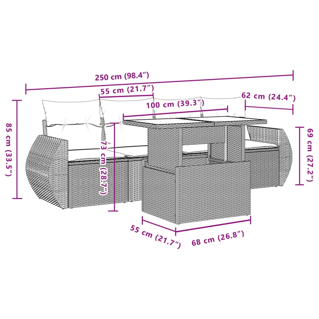 Set Divano da Giardino 5 pz con Cuscini Marrone in Polyrattan