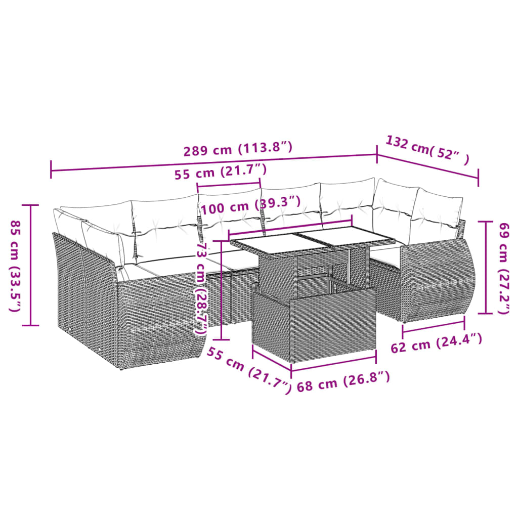 Set Divani da Giardino 8 pz con Cuscini Marrone in Polyrattan