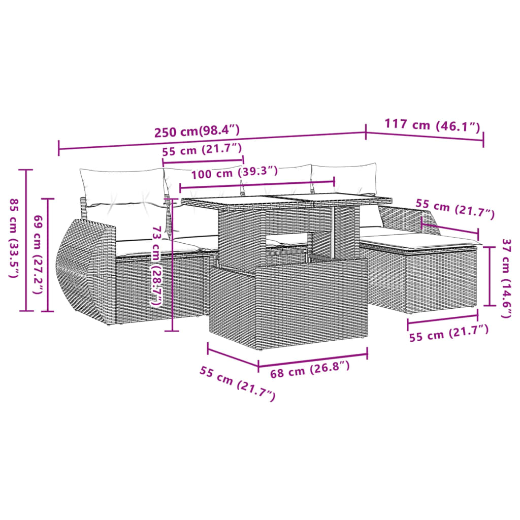 Set Divano da Giardino 6 pz con Cuscini Marrone in Polyrattan